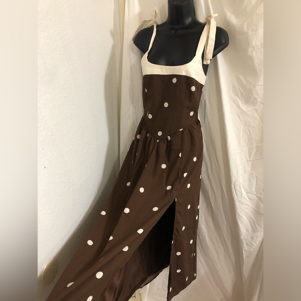 Trixxi brown cream polka dot square neckline shoulder tie dress size small new